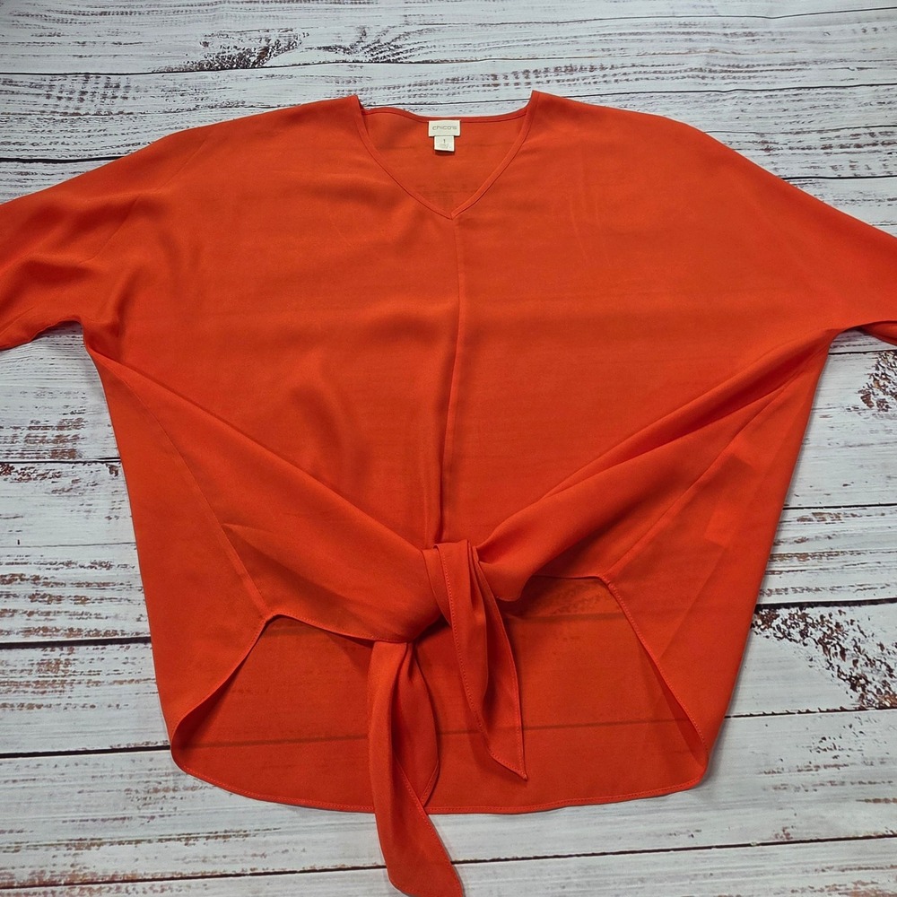 Chico's Blouse Womens 1 Orange Excellent Tie Front V-Neck Dolman Split Back Top
